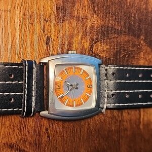 Levi Strauss unisex vintage black leather strap orange dial watch Japan movement